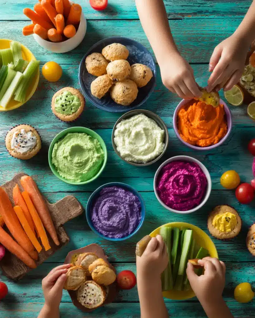 8 Best Cottage Cheese Recipes to Try Today for Healthy Meals 3 Bright and colorful kids’ snacks made with cottage cheese on a playful table with children’s hands reaching for food