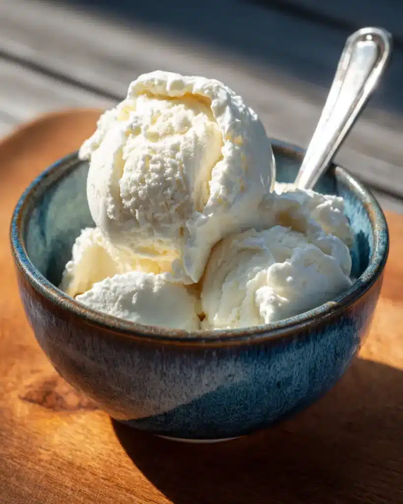 Cottage cheese ice cream keto dessert served in a ceramic bowl
