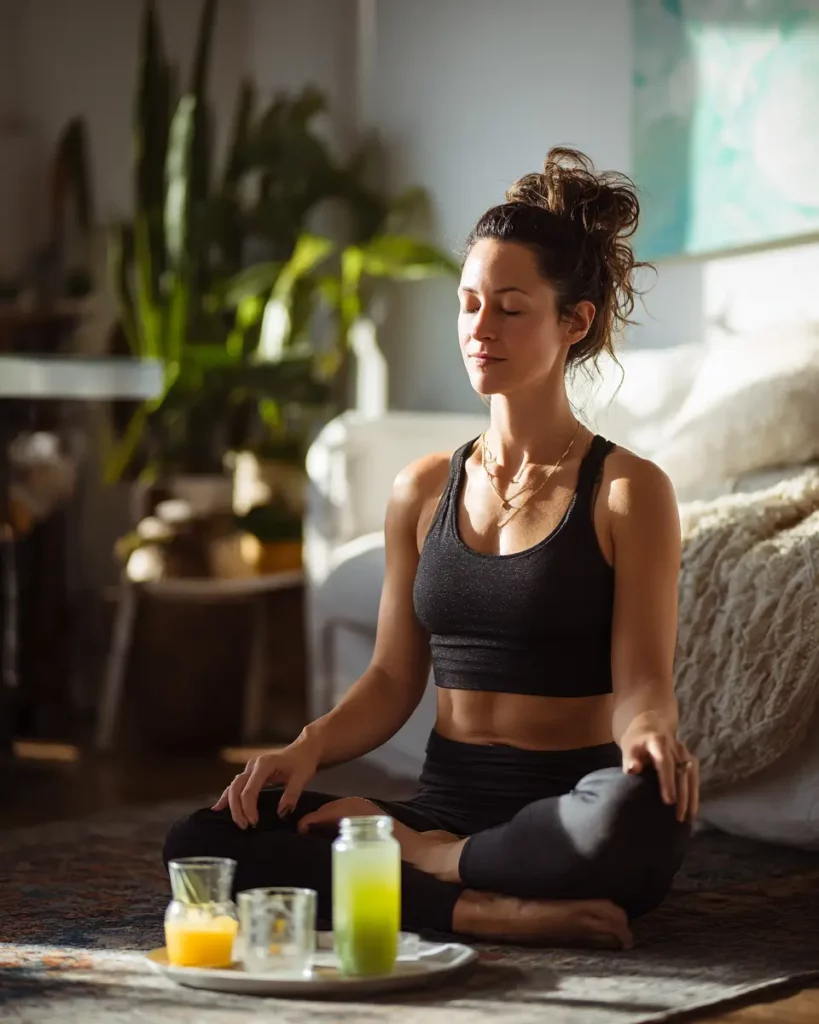 3 Day Detox Juice Diet Recipe for Rapid Reset and Weight Loss 2 woman doing yoga with detox juice beside her