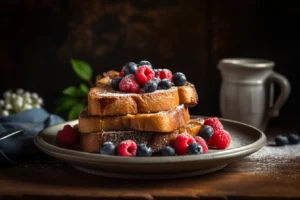 Stack of cinnamon French toast topped with berries and powdered sugar