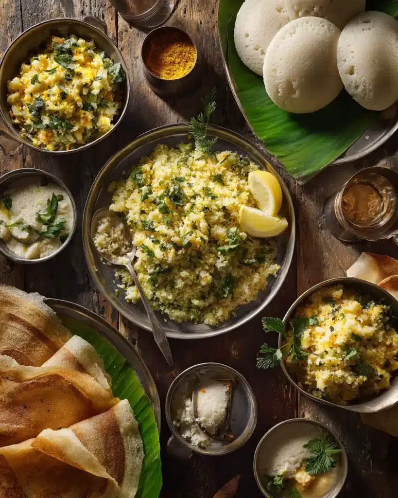 Easy Indian Breakfast Recipes for Busy Mornings 1 Traditional Indian breakfast dishes including poha, upma, idli, and dosa served on a rustic table.