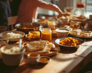 A mother serving Indian breakfast to children in a cozy kitchen with traditional dishes.