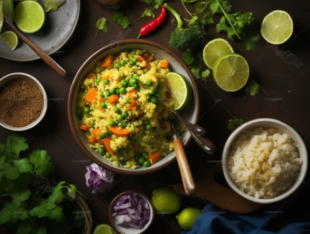 A vibrant bowl of vegetable upma with colorful vegetables and chutney on an Indian breakfast table.