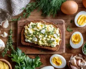Classic egg salad sandwich on toasted bread with fresh ingredients