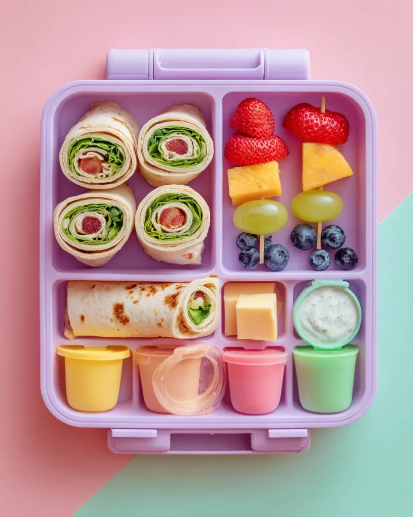 Monday to Friday Lunchboxes: Easy, Healthy, Kid-Approved 1 Playful bento box filled with mini wraps, cheese cubes, fruit skewers, and dip in colorful silicone cups