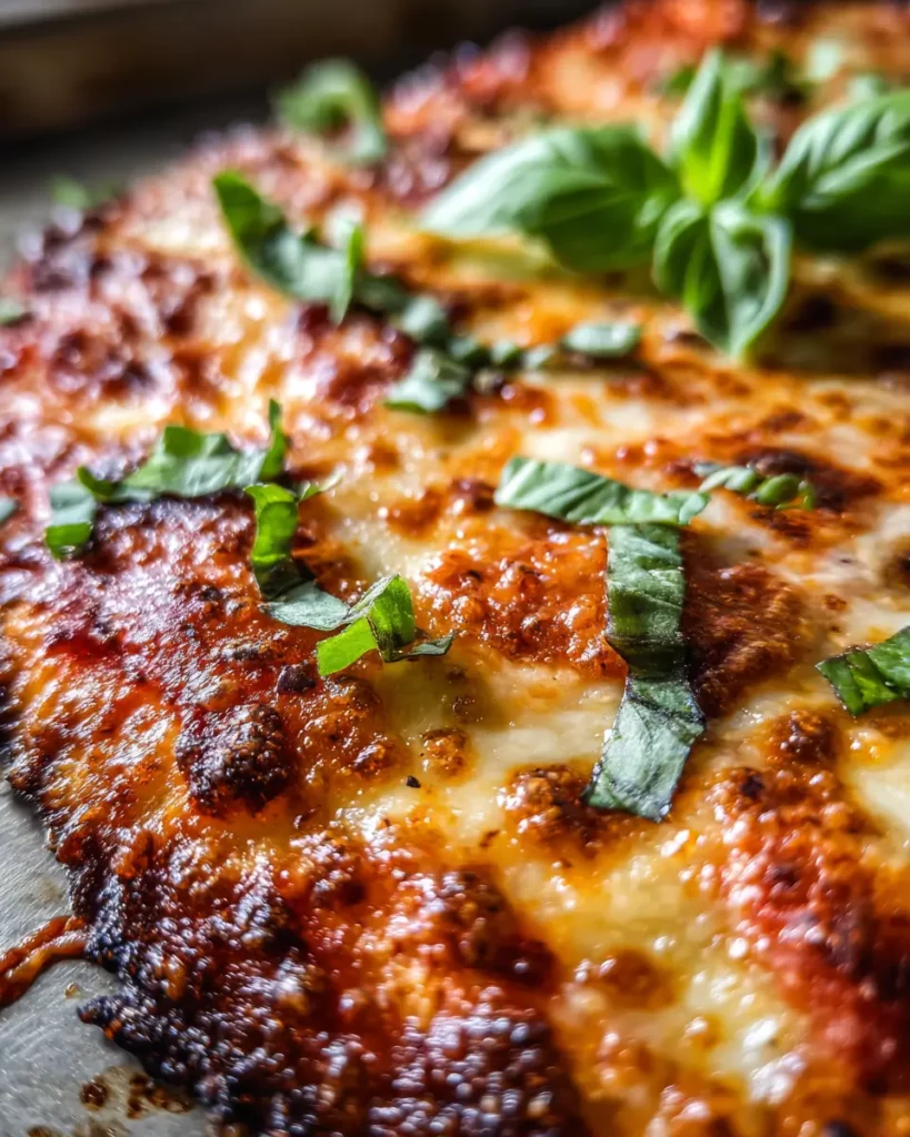 Keto Chicken Parm Pizza – The Ultimate Low-Carb Comfort Food Recipe 3 Fully baked keto chicken parm pizza with basil