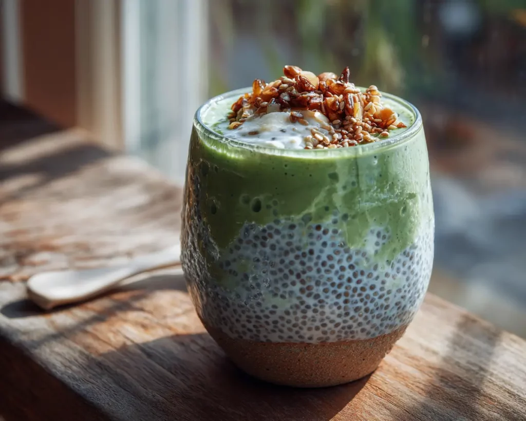 Candida diet breakfast without eggs with chia, yogurt, smoothie