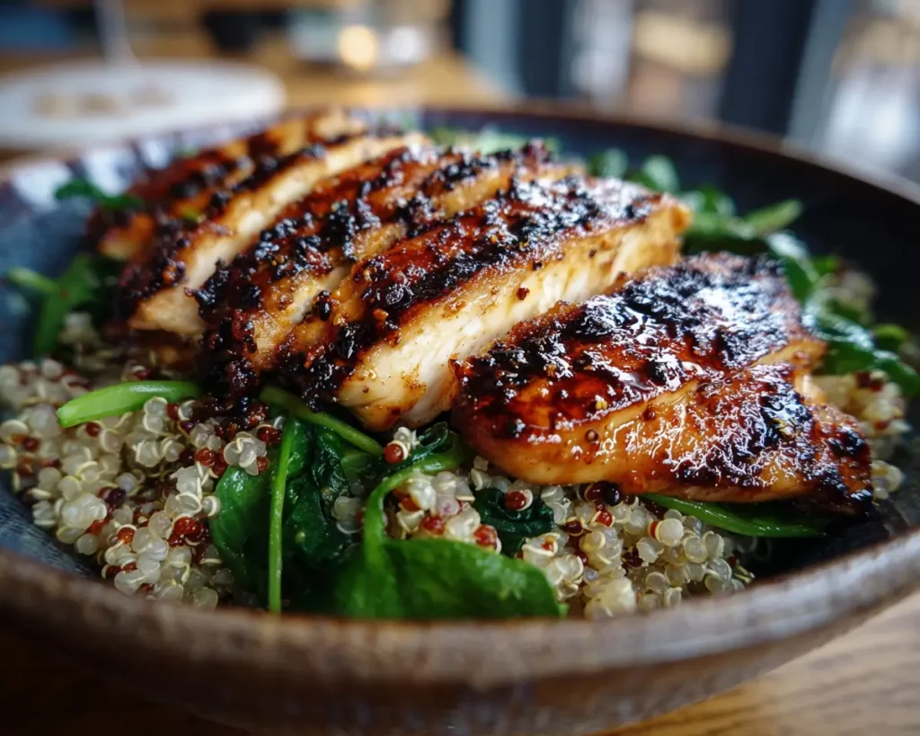 high protein grilled chicken quinoa bowl