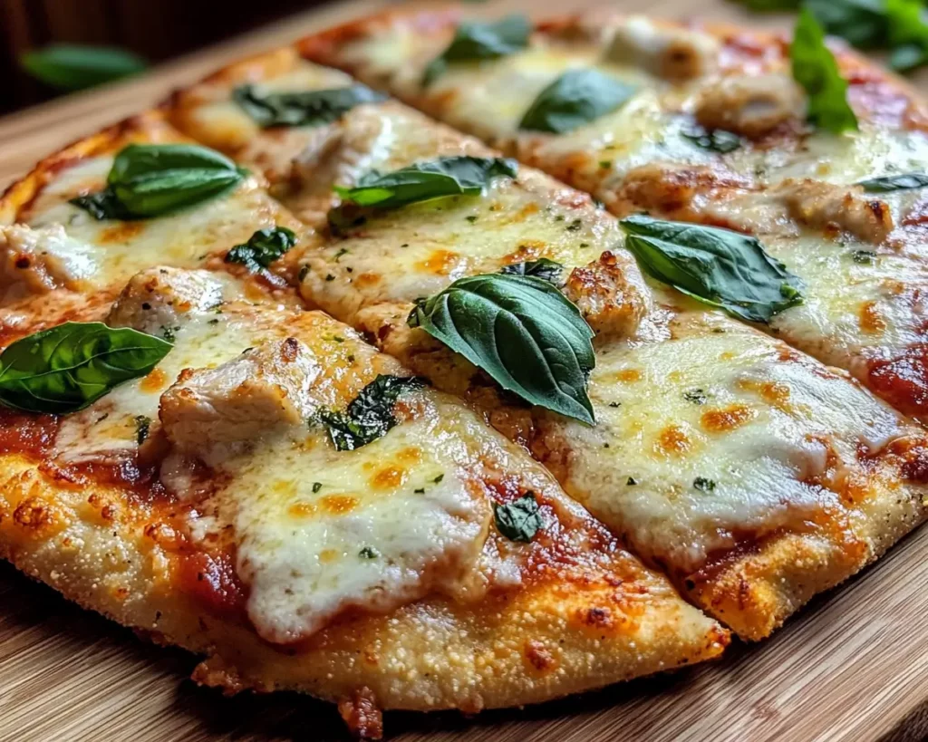 Close-up of keto chicken parm pizza on crispy chicken crust