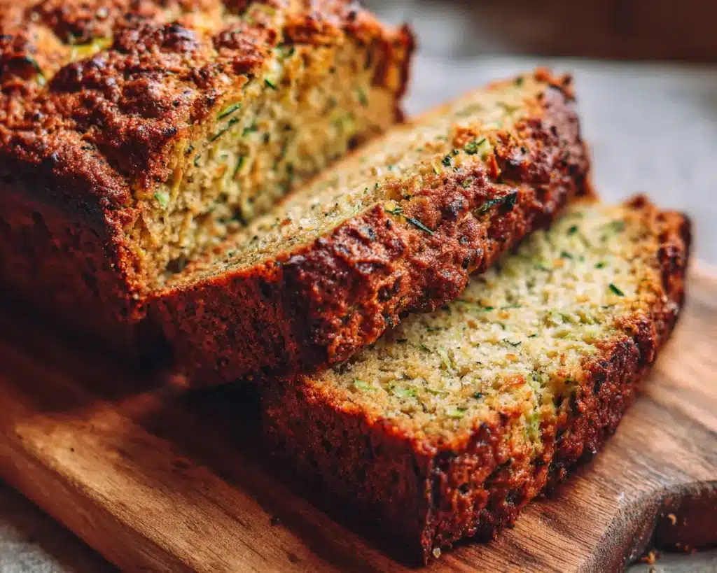 Keto zucchini bread sliced on a wooden board